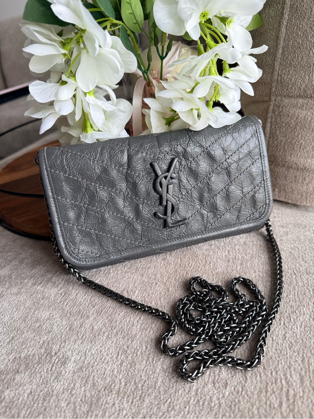 YSL Saint Laurent Quilted Wrinkle Leather Nikki Wallet - Gray